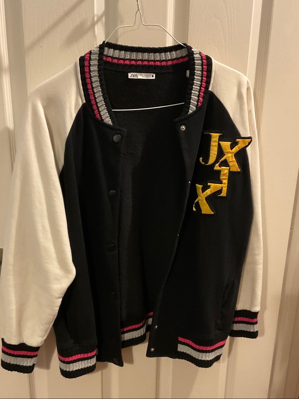 Zara Black and White Letterman Jacket with Pink Accents